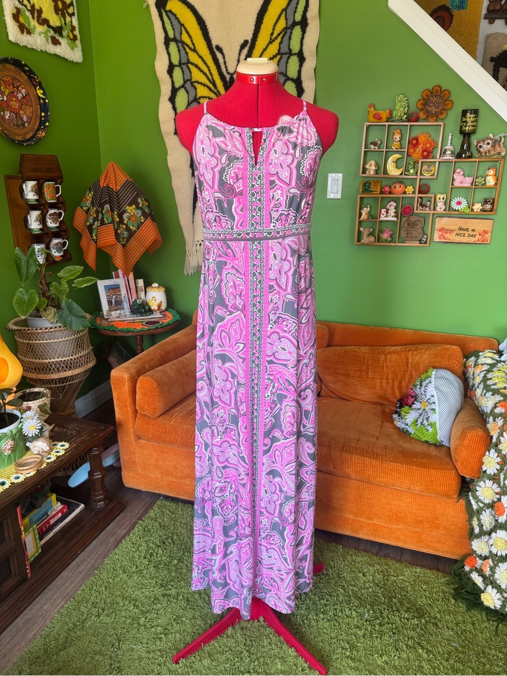 INC International Concepts Pink and Gray Paisley Maxi Dress
